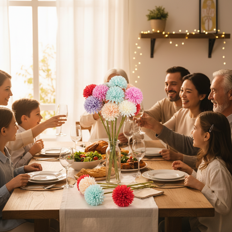 Fleur Artificielle Multicolore Avec Pompons Doux