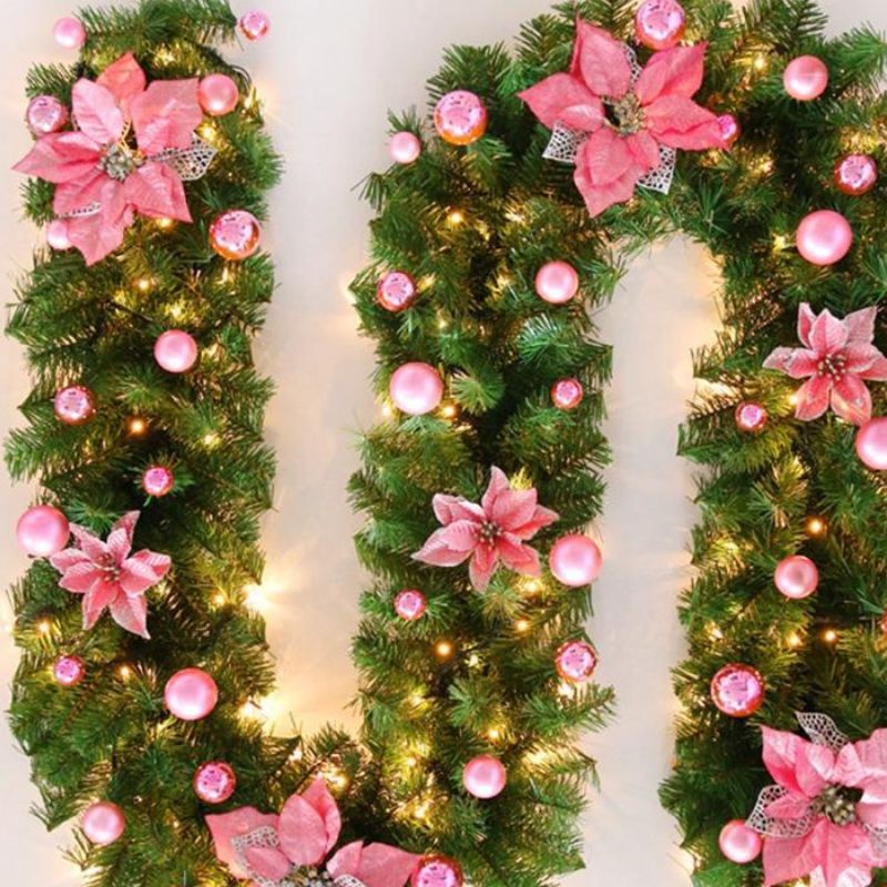 Guirlandes de Noël Lumineuses avec Boules et Fleurs Décoratives