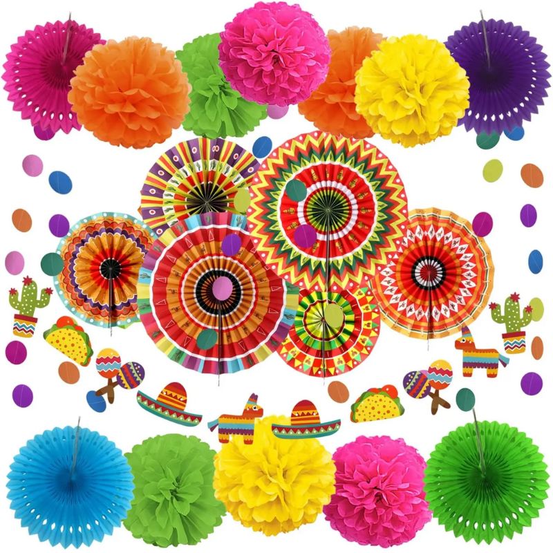 Décorations Festives Guirlande De Fleurs En Papier Avec Pompons Et Éventails