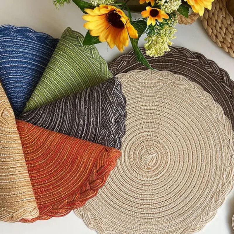 Set De Table Vinyle Rond Tissé Naturel Et Lavable