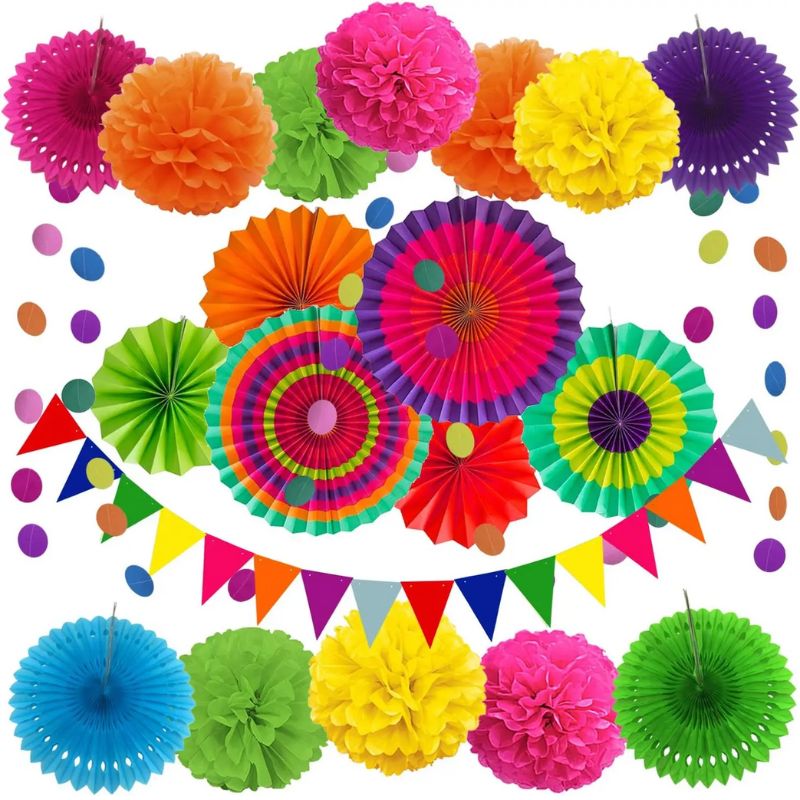 Décorations Festives Guirlande De Fleurs En Papier Avec Pompons Et Éventails