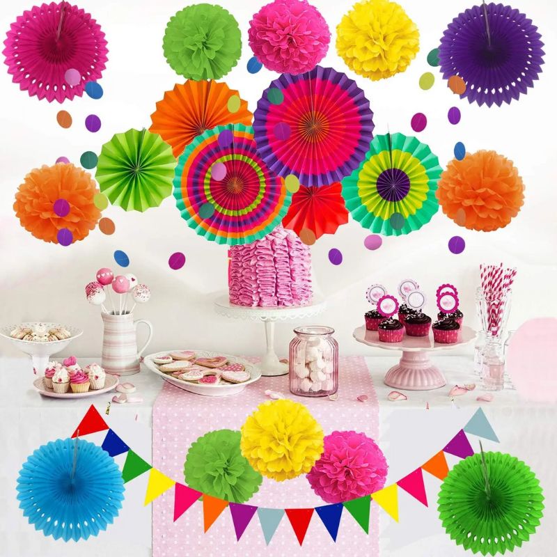 Décorations Festives Guirlande De Fleurs En Papier Avec Pompons Et Éventails