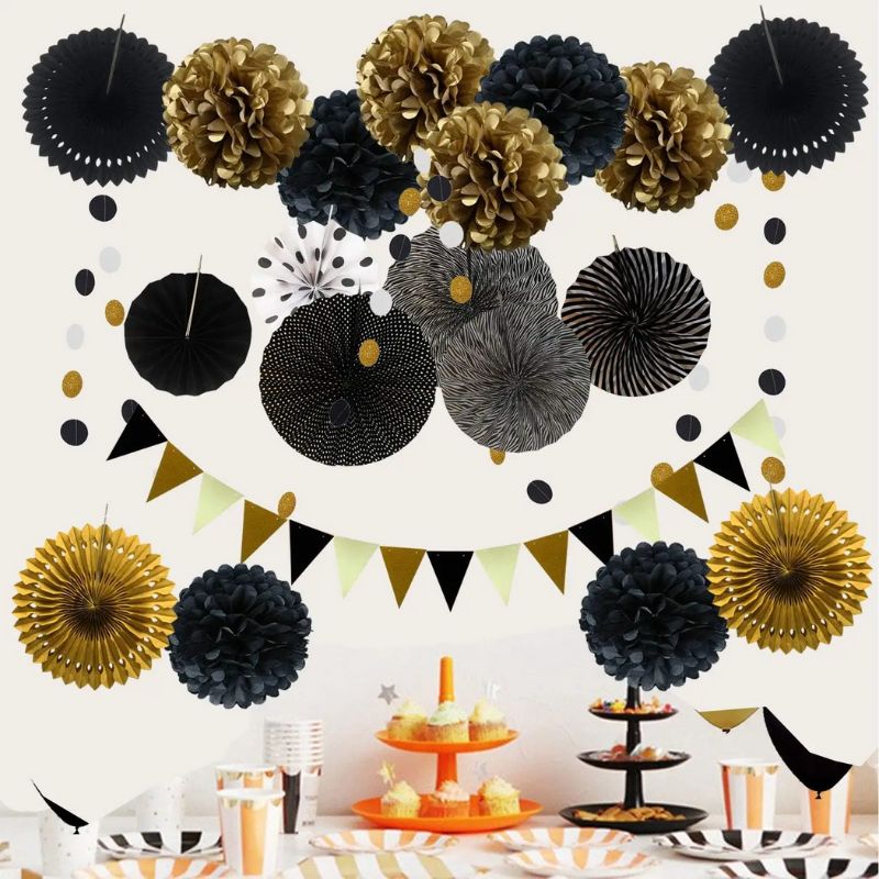 Décorations Festives Guirlande De Fleurs En Papier Avec Pompons Et Éventails