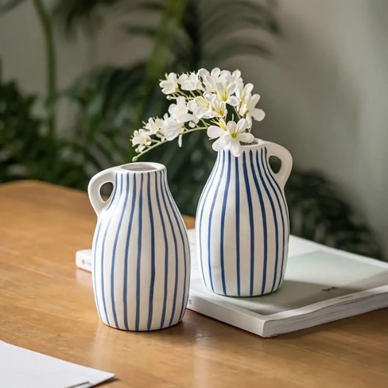 Mini Vase à Fleurs à Rayures Bleues
