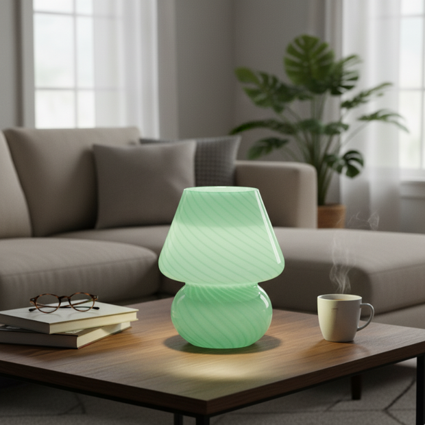 Lampe Champignon Verte En Verre Strié Élégante