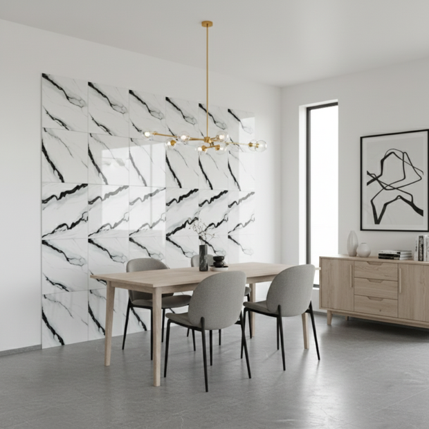 Panneau Mural PVC Avec Effet Marbre Blanc Et Veinage Noir Moderne