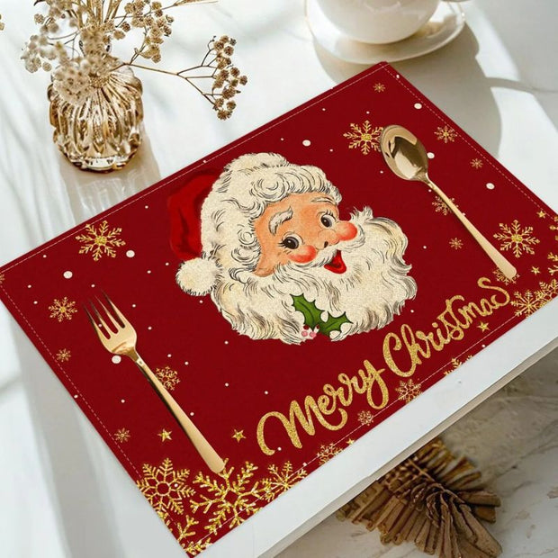 Set De Table En Lin Rouge Avec Père Noël Et Flocons Dorés