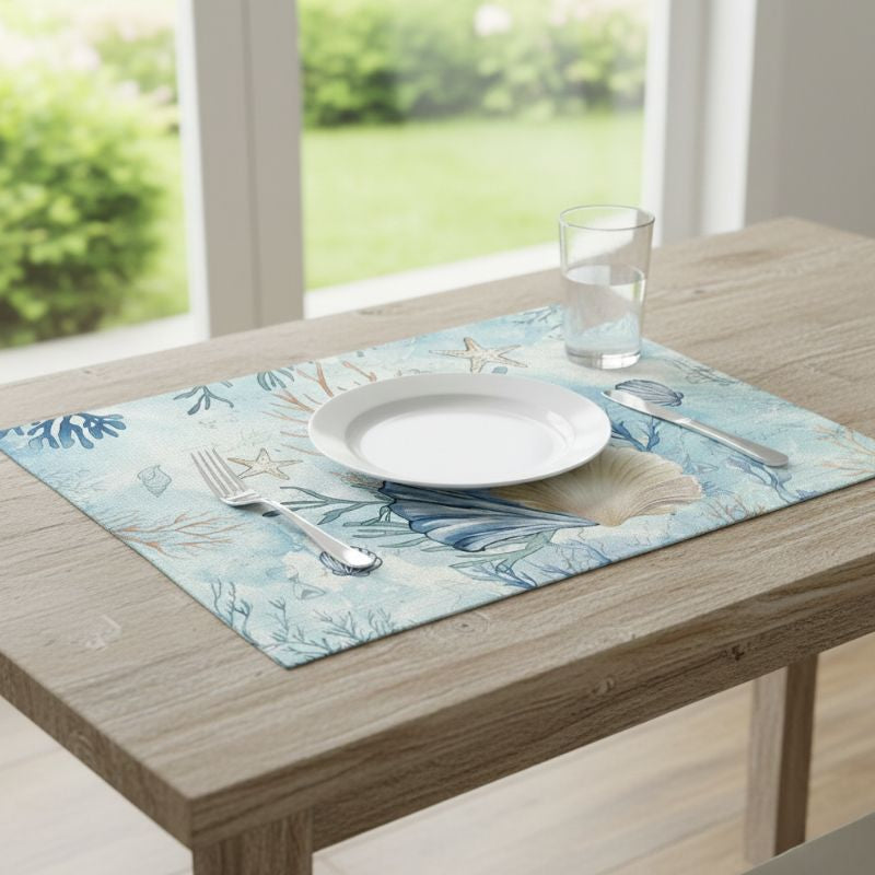 Set De Table En Lin Coquillages Marins Aquarelle