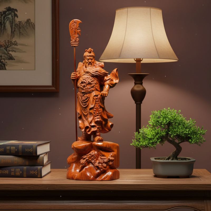 Sculpture En Bois Statue Guan Gong Sculptée À La Main