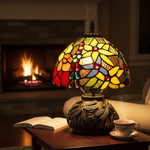 Lampe Champignon En Pâte De Verre Colorée Avec Pied En Résine Sculpté