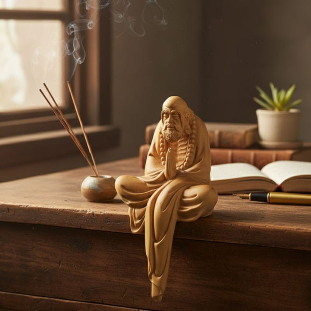 Statuette En Ivoire Sage Méditatif Assis Avec Drapé Sculpté