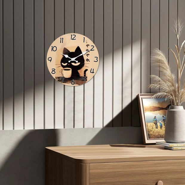 Horloge En Bois Murale Avec Illustration Chat Noir