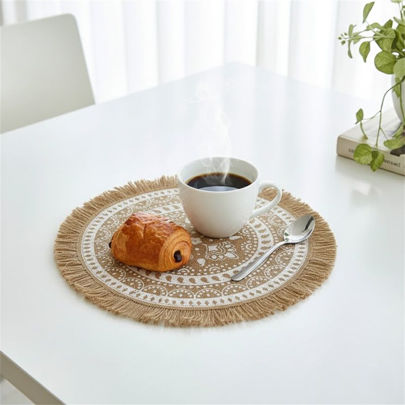 Set De Table En Lin Naturel Avec Finition Frangée Et Design Boho Chic