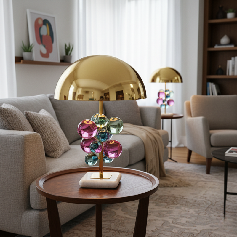 Lampe Champignon Dorée Avec Bulles De Verre Et Base En Marbre