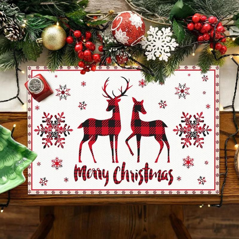 Set De Table En Lin De Noël Avec Rennes Et Flocons Rouges