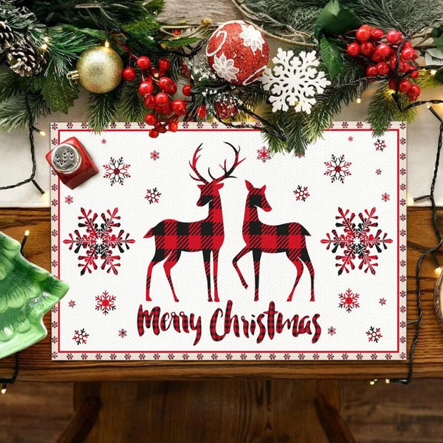 Set De Table En Lin De Noël Avec Rennes Et Flocons Rouges