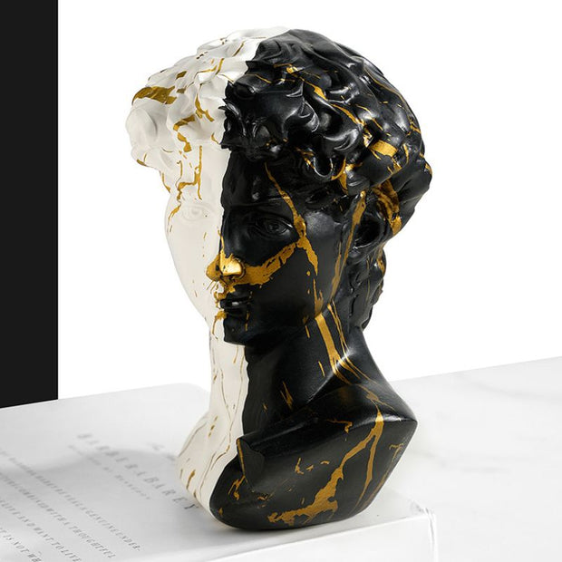Sculpture Buste David Moderne En Résine Noir Et Blanc Marbré