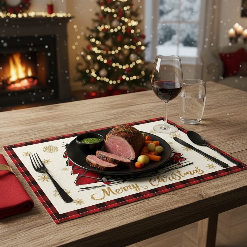 Set De Table En Lin De Noël Avec Sapins Et Flocons Brillants