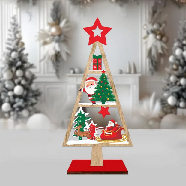 Sapin De Noël En Bois Avec Père Noël Et Traîneau Décoratif