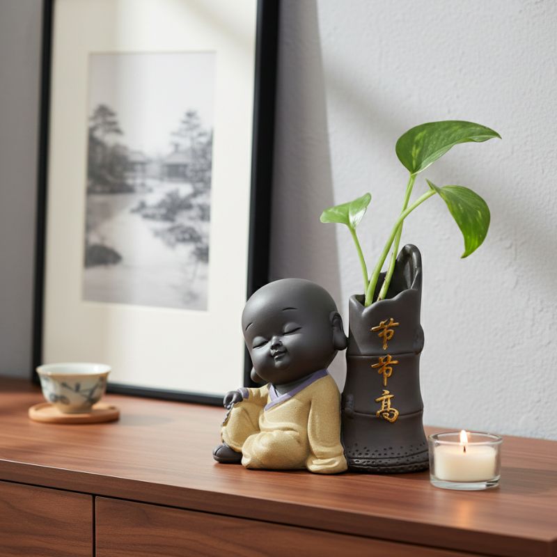 Sculpture En Argile Figurine Moine Calme Avec Plante