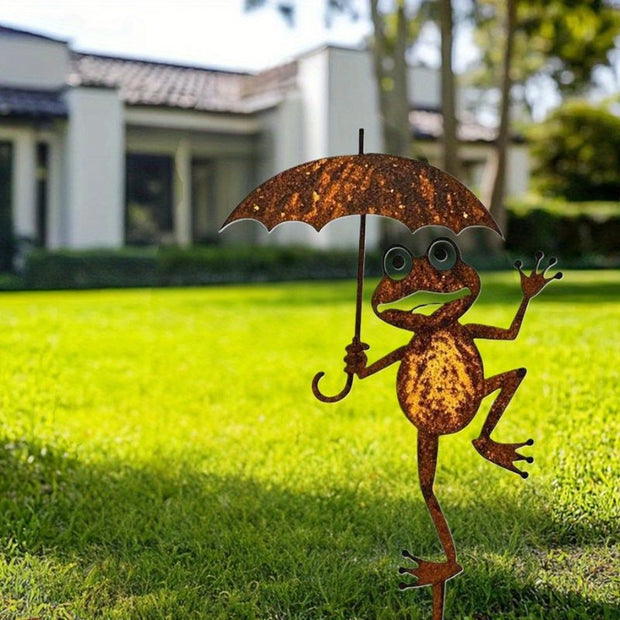 Sculpture Métal Grenouille Avec Parapluie Décorative