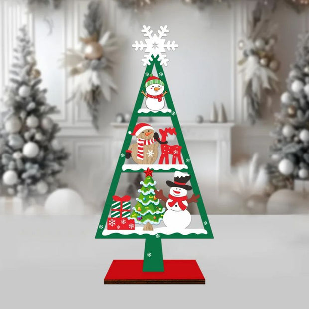 Sapin De Noël En Bois Avec Bonhomme De Neige Et Cadeaux
