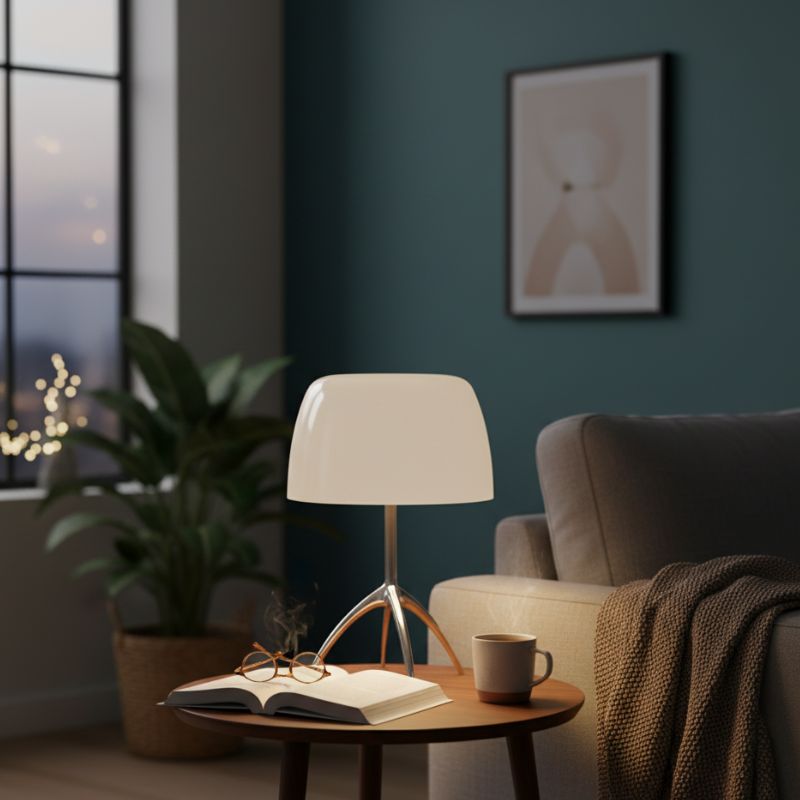 Lampe À Poser Champignon Blanche Avec Pied Chromé Original