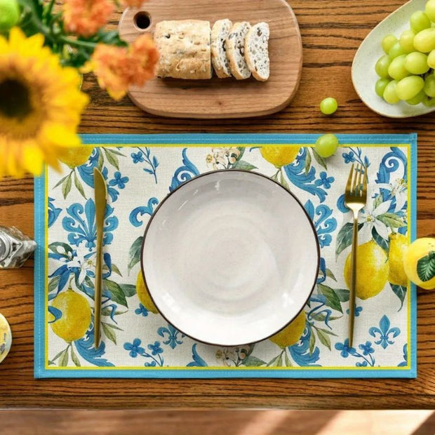 Set De Table Lavable Motif Citron Et Fleurs Bleues Méditerranéen 4 Pièces