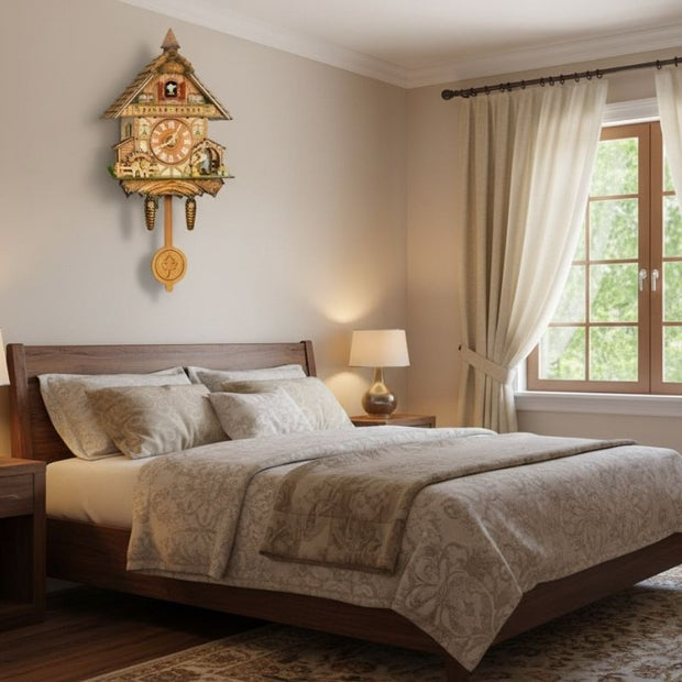 Horloge Coucou En Bois Sculpté Avec Décor Village