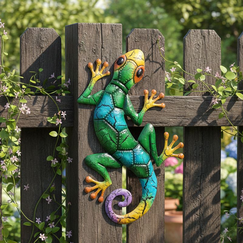 Sculpture Gecko En Métal Avec Couleurs Vives
