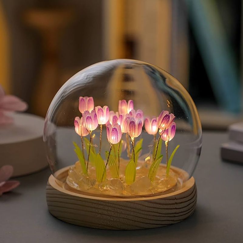 Fleurs Lumineuses LED Tulipes Sous Cloche
