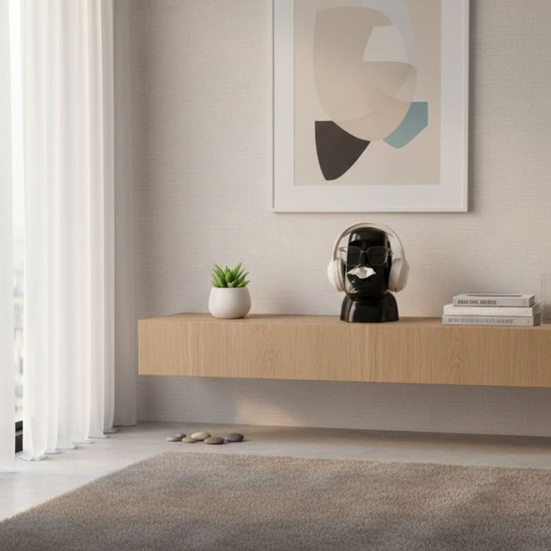 Sculpture Moai Design Avec Casque Audio Et Lunettes Modernes