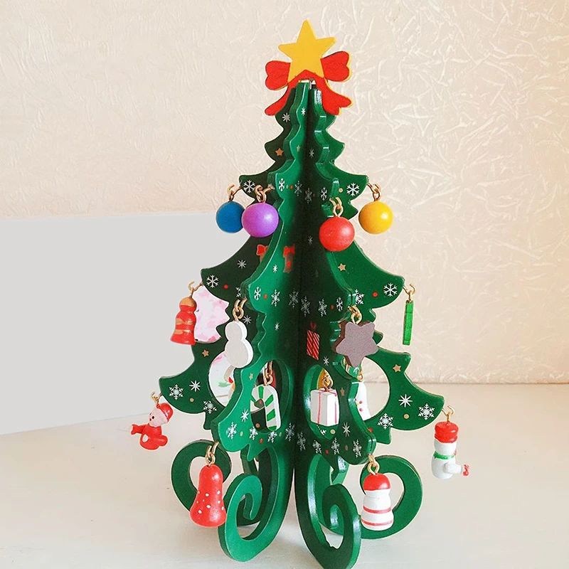 Mini Sapin de Noël en Bois Naturel avec Décorations