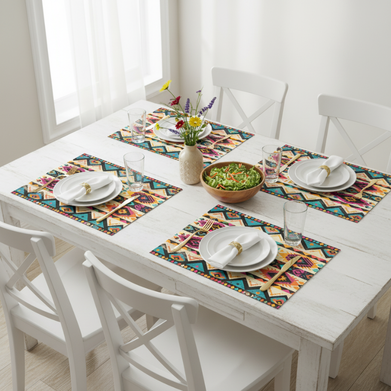 Set De Table Bohème En Lin Avec Motifs Géométriques Et Vifs 4 Pièces