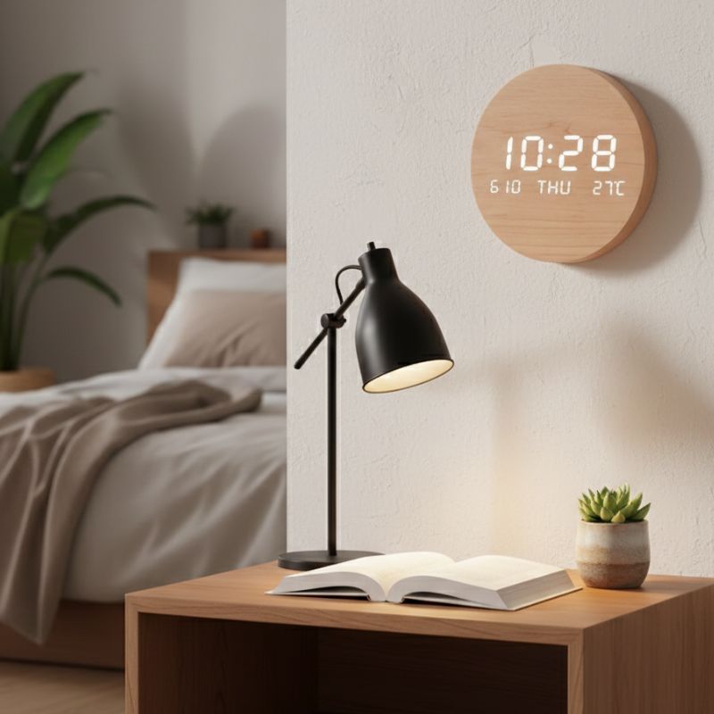 Horloge Murale Numérique LED Effet Bois