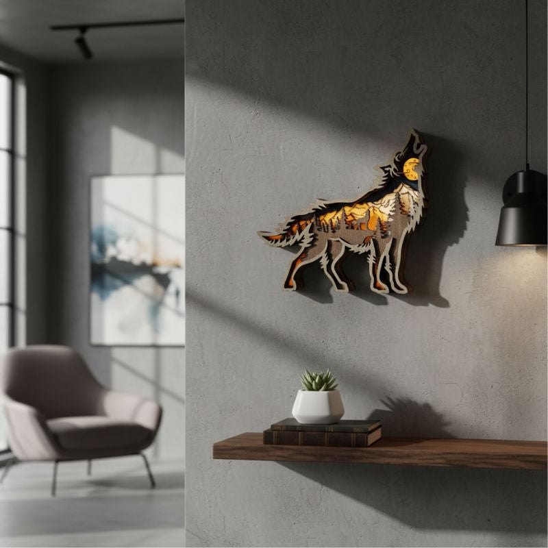 Sculpture En Bois Loup Hurlant En Relief 3D