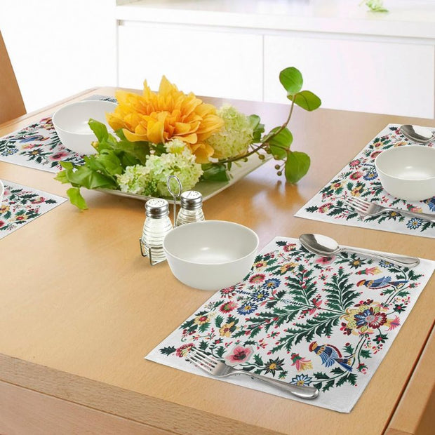 Set De Table En Lin Vintage À Motifs Floraux Et Oiseaux