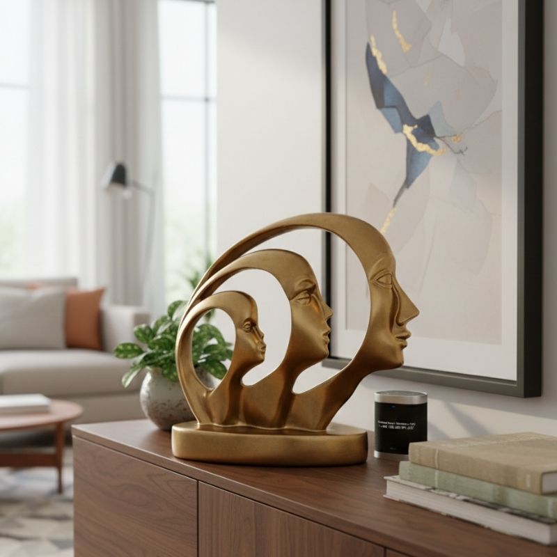 Sculpture Visage Dorée Avec Formes Multiples En Design Abstrait