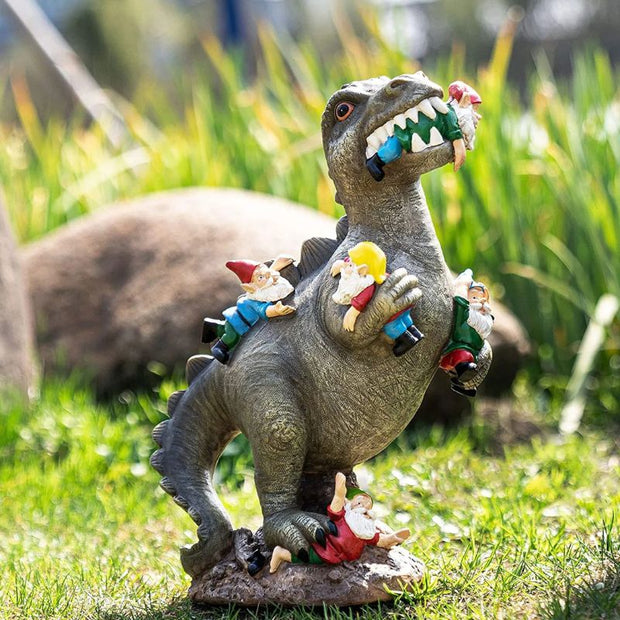 Sculpture Décorative Dinosaure Avec Gnomes En Scène Amusante