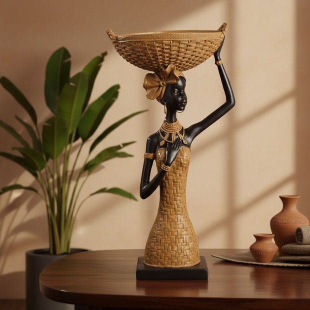 Sculpture Femme Élancée En Art Africain Avec Panier Sur La Tête