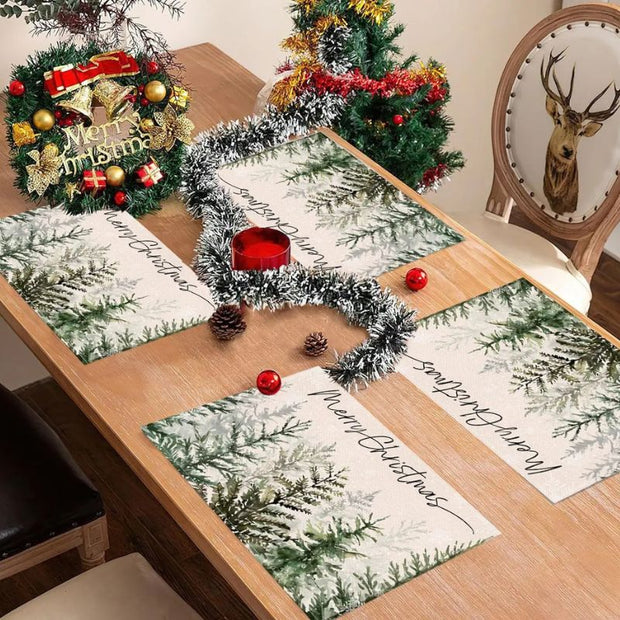 Set De Table En Lin Merry Christmas Avec Forêt De Sapins Élégante
