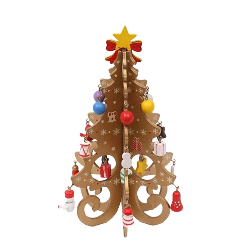 Mini Sapin de Noël en Bois Naturel avec Décorations