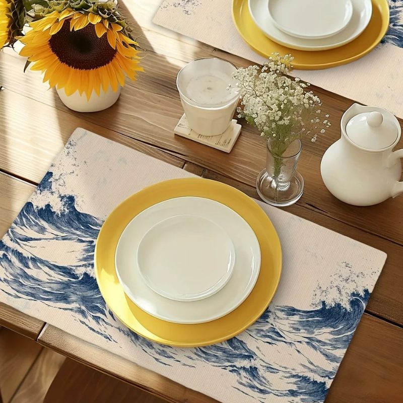 Set De Table En Lin Motif Vagues Artistiques