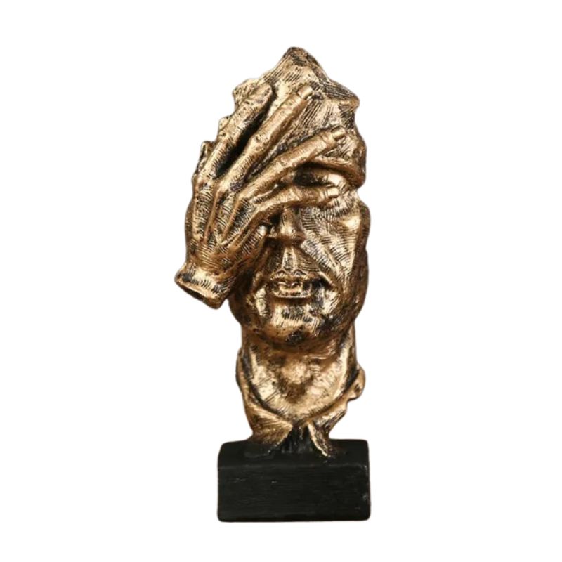 Sculpture Visage Doré Avec Main Expressive En Design Abstrait