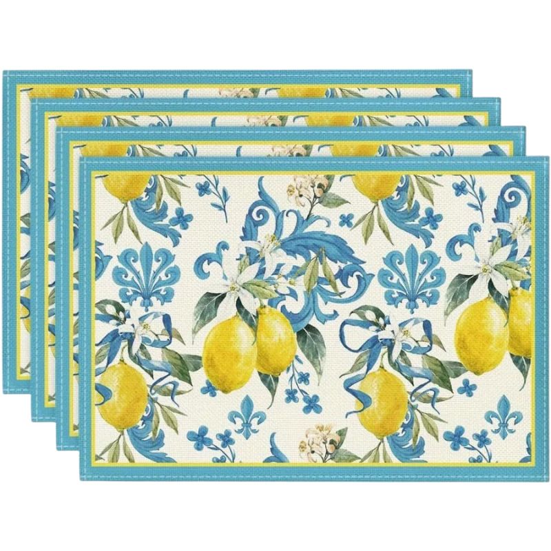 Set De Table Lavable Motif Citron Et Fleurs Bleues Méditerranéen 4 Pièces