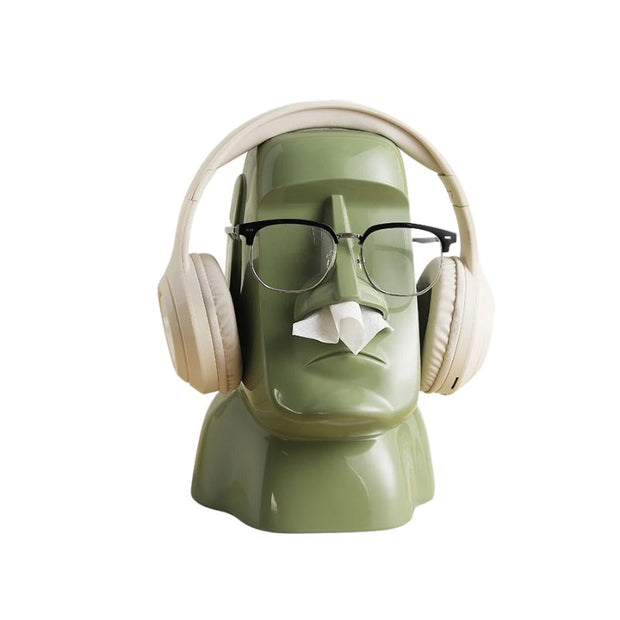 Sculpture Moai Design Avec Casque Audio Et Lunettes Modernes