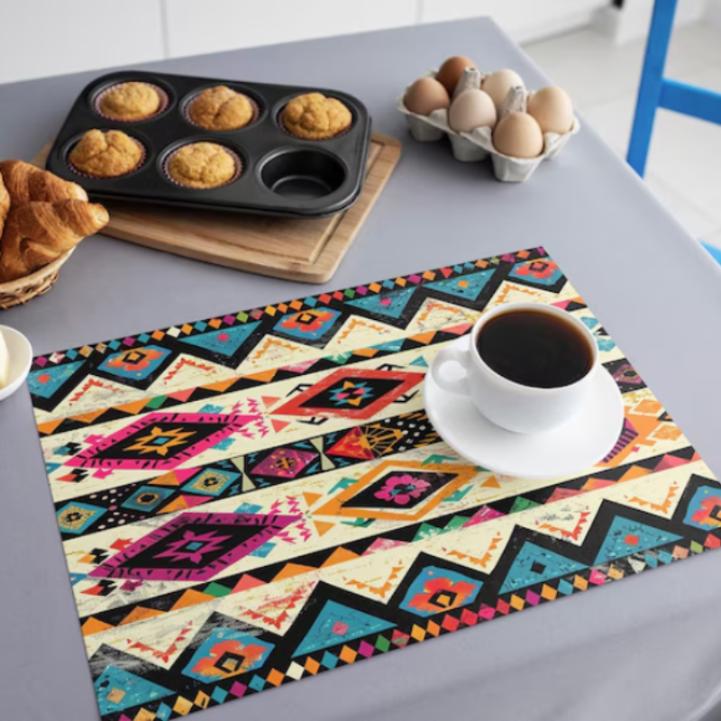 Set De Table Bohème En Lin Avec Motifs Géométriques Et Vifs 4 Pièces