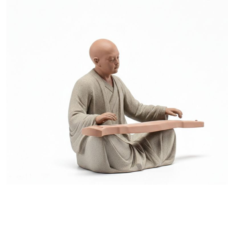 Statuette En Ivoire Moine Musicien Jouant Instrument Traditionnel