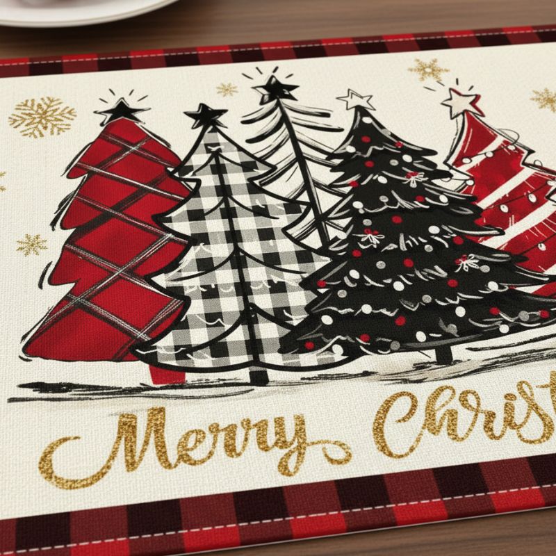 Set De Table En Lin De Noël Avec Sapins Et Flocons Brillants