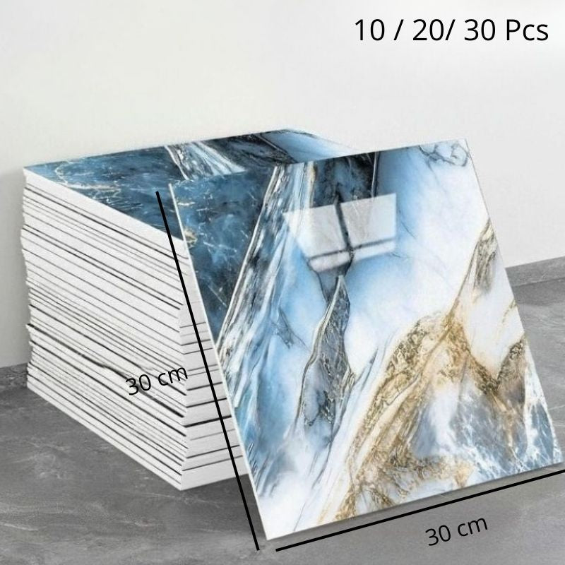 Panneau Mural Salle De Bain Avec Marbre Bleu Glacier Et Reflets Dorés